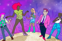 [ai] A colorful illustration showing five stylized figures dancing on a stage. The figures are wearing vibrant outfits, and there are sparkling effects and a purple background with abstract designs.